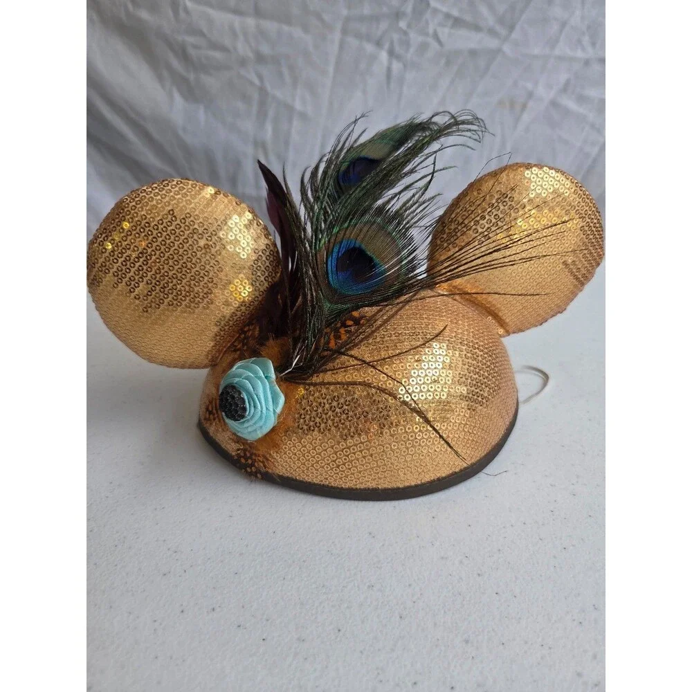 Disney Mickey Mouse Ears 2013 Year of the Ear gold sequins peacock feather Rare
